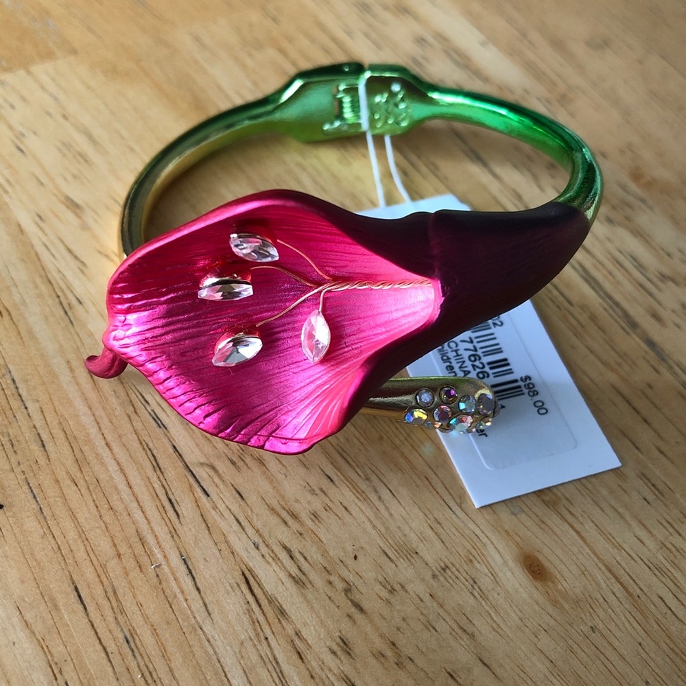 Betsey Johnson Pink & Green Metallic Ombre Calla Lily Bypass Bangle Crystal NWT